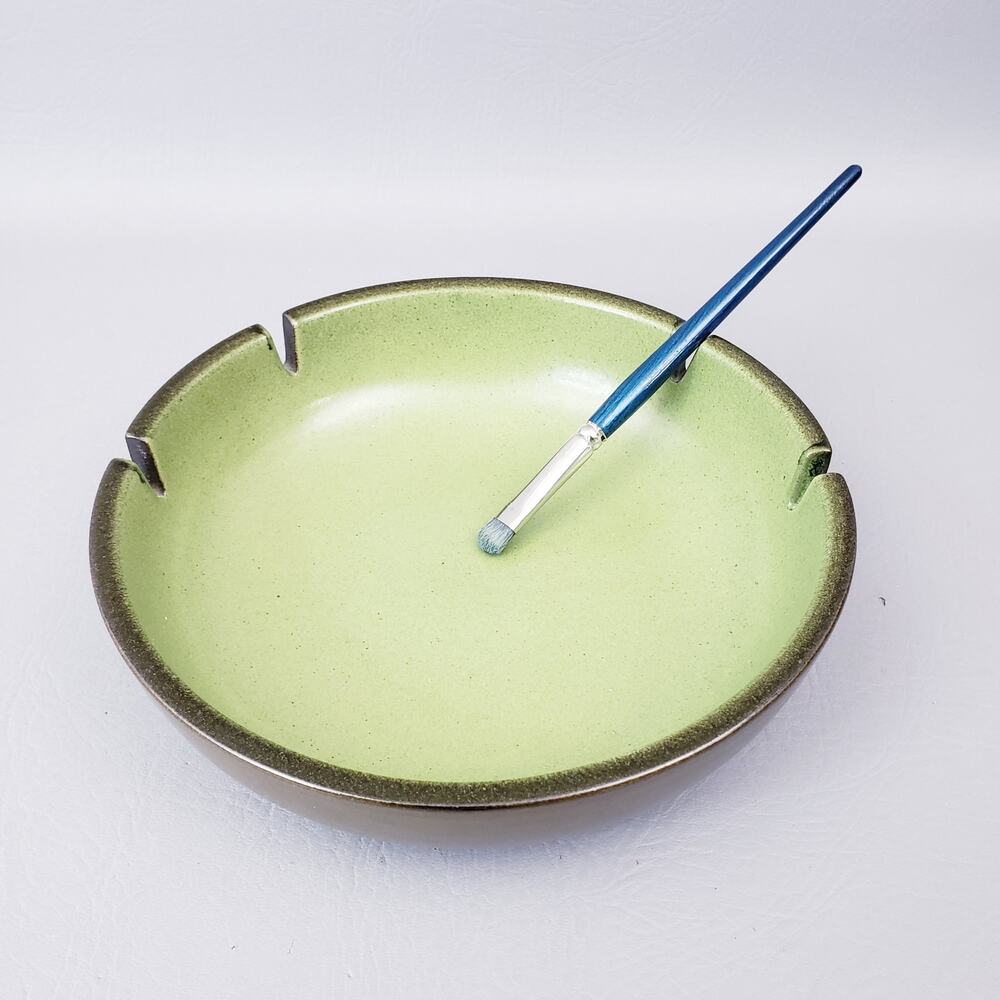 Large Edith Heath Ceramics Olive & Avocado Green 4 Slot Ashtray 8.5"